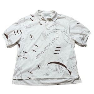 80s Vintage Michael Sharp White Geometric Fish Polo Large